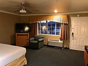 Clearlake OaksLake Point Lodge的酒店的客房 - 带一张床、椅子和窗户