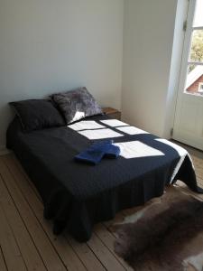 奥尔堡Cozy Villa-Apartment - Close to Aalborg center - Free citybikes and parking的一间卧室,床上有蓝色衬衫