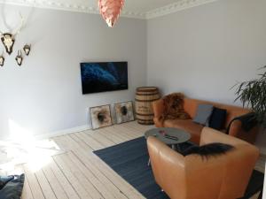 奥尔堡Cozy Villa-Apartment - Close to Aalborg center - Free citybikes and parking的客厅配有沙发和桌子