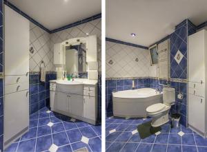 斯科普里城市旅馆及公寓式酒店的浴室的两张照片,配有卫生间和水槽
