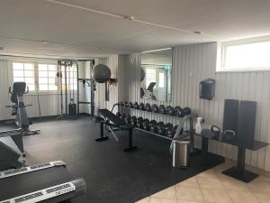 米约尔比Mjölby Stadshotell的一间设有健身房的房间,里面配有一系列设备