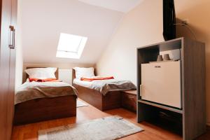博尔塞克Pension Rose-Trandafirul的小房间设有两张床和一台冰箱