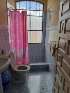 基多Hostal Mediodia的一间带粉红色淋浴帘和卫生间的浴室