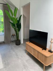 乌得勒支Utrecht City Apartments - Maliesingel的木质娱乐中心设有带平面电视的客厅。
