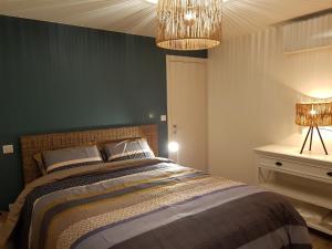 圣吉勒达德吕伊Maison sur la Presqu'Ile de Rhuys的一间卧室配有一张床和一个吊灯