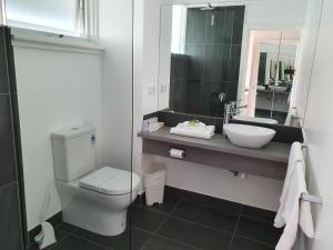 福斯特福斯特舒适客栈的一间带卫生间、水槽和镜子的浴室