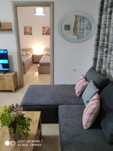 卡尔扎迈纳Comfortable newbuilt 2 Bedroom Apartment, 15 meters from the sea的客厅配有蓝色的沙发和镜子