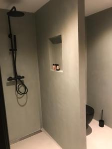 赞德沃特Long Beach Rooms Zandvoort的墙上带卫生间的浴室的角落