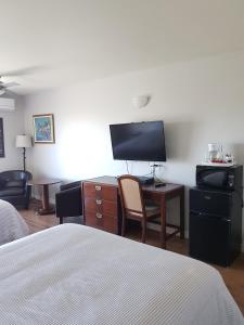 卡穆拉斯卡海军陆战队汽车旅馆的酒店客房配有一张床和一张书桌及一台电视