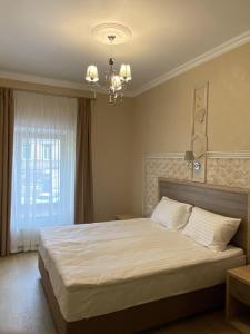 敖德萨Coffee Room的一间卧室配有一张大床和一个吊灯。