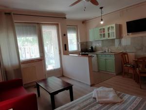 久洛阿帕德-哈茨公寓酒店的一间厨房,内设绿色橱柜和一张桌子