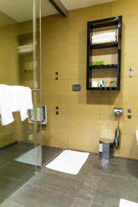 波普拉德水城滨江酒店的一间带玻璃淋浴和水槽的浴室
