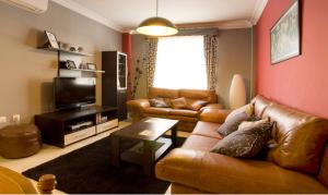 AmbrozBonita casa en Granada+PARKING EN EL CENTRO+WIFI的客厅配有真皮沙发和电视