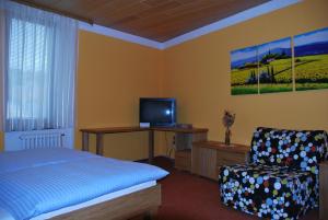 拉贝河畔乌斯季彭逊杜尔旅馆的一间卧室配有一张床、一把椅子和电视