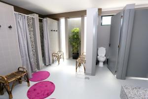 塞图巴尔HI Setubal - Pousada de Juventude - CASA DO LARGO的一间带卫生间和粉红色地毯的浴室