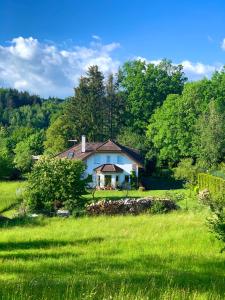 BlataApartmány v ráji (Českém)的绿色田野中间的蓝色房子