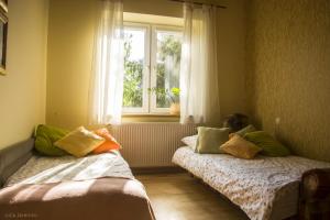 伊拉华Leśne Zacisze的两张床位于带窗户的房间内