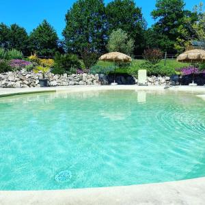 Pinel-Hauterive加托涅住宿加早餐酒店的一个带遮阳伞的大型蓝色海水游泳池