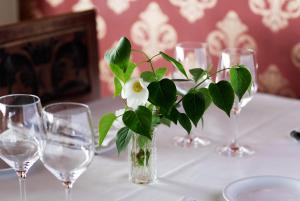 JärpenHotel Kallgården的酒杯桌子和白花花瓶