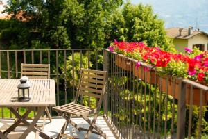 格里安泰卡德纳比亚Griante suites的阳台上摆放着两把椅子和一张桌子,阳台上摆放着鲜花