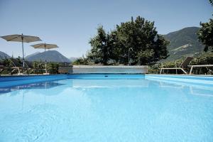 梅拉诺Pension Appartment Hecherhof的一个带椅子和遮阳伞的大型蓝色游泳池