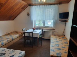 斯塔雷梅斯托Penzion pod Paprskem的小房间设有桌椅和一间卧室