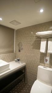 桃园市城市商旅桃园车馆的一间带卫生间、水槽和镜子的浴室