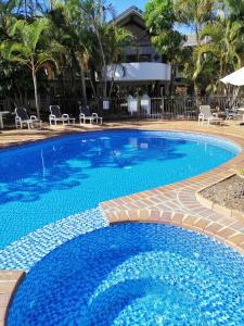 黄金海岸棕榈湾酒店的一座蓝色海水和椅子的大型游泳池