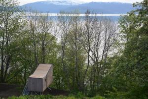 SamlanesTreehut, nature, birds, silence and fjord的木箱,坐在水边