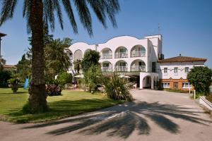 桑特佩尔佩斯卡多尔厄尔莫利酒店的一座白色的大建筑,前面有一棵棕榈树