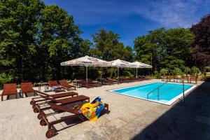 巴特尚道STEIGER Parkhotel Hohnstein的游泳池旁设有长椅和遮阳伞的游泳池