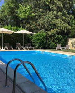 贝尔热拉克Brit Hotel Europ Bergerac的一个带椅子和遮阳伞的大型游泳池
