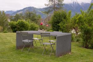 莱克斯Grava - Ferienwohnung für max. 2 Personen的山脚下的院子中的桌椅