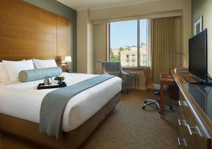 洛杉矶Luskin Hotel的酒店客房配有一张床、一张书桌和一台电视。
