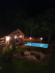 Crni VrhLodge Zeleni svet的后院,晚上设有游泳池