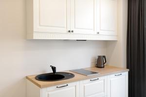 耶德库安特橡树公寓的厨房柜台配有水槽和白色橱柜
