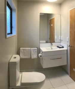 惠灵顿阿德莱德汽车旅馆的一间带卫生间、水槽和镜子的浴室
