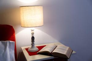 皮内罗洛费劳德公寓的一张桌子上的一盏灯,上面放着一本敞开的书