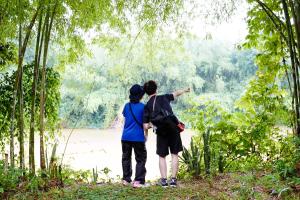 吉仙绿色希望旅馆 的两个人站在森林里望着一条河流