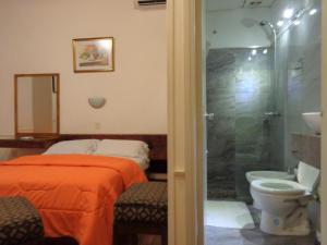 蒙得维的亚蒙得维的亚卡萨布兰卡酒店的一间卧室设有一张床、淋浴和卫生间