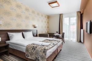 德兹维济诺帕里斯基旅馆的酒店客房设有一张大床和一张书桌。