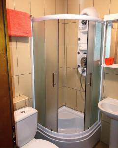 弗尔尼亚奇卡矿泉镇Apartmani Tamara的带淋浴的浴室(带卫生间和水槽)