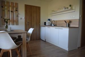 SmrečanyADEMI Apartments的厨房配有白色橱柜和木桌