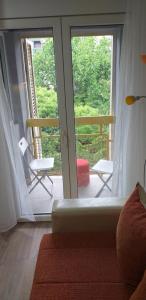 索科矿泉村Apartman 4 - Studio Janja的客厅设有滑动玻璃门,通往阳台