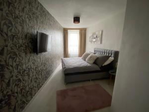 比尔森Apartmán Champion的一间卧室配有一张床,墙上配有电视