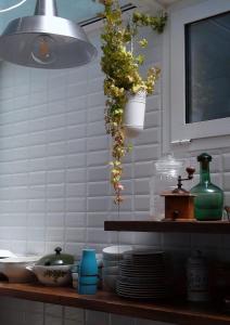 切塞纳蒂科Guest House CorteMazzini36的厨房设有摆放着碗碟和灯具的架子