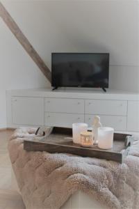 马塞克德玛萨查特公寓的客厅配有桌子和电视。