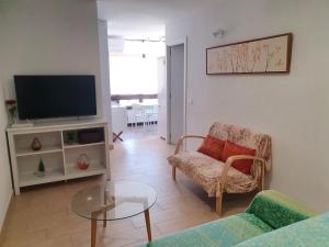 福恩吉罗拉Apartamento junto al puerto de Fuengirola的客厅配有电视、沙发和桌子