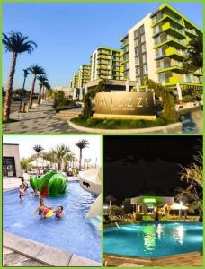 北马马亚-讷沃达里ALZ Beach Apartments in Alezzi Beach Resort的一张度假村游泳池的两张照片拼贴画