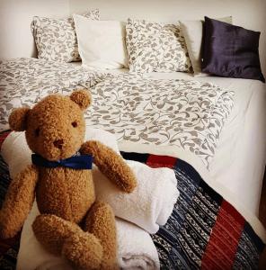 Birkimelur Móra guesthouse的坐在床上的棕色泰迪熊